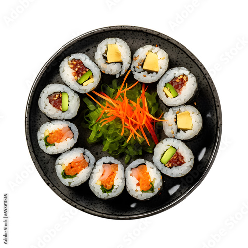 Korean gimbap is served beautifully for the menu, transparent background
