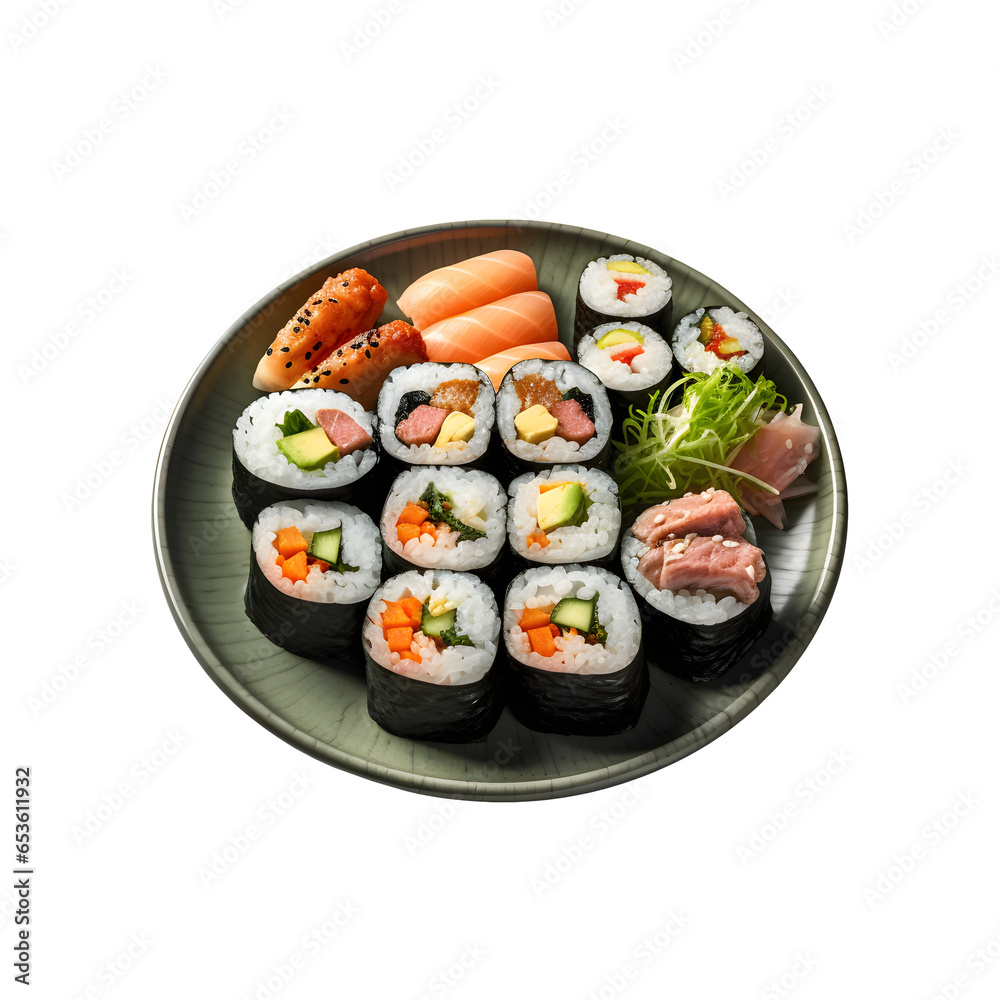 Korean gimbap is served beautifully for the menu, transparent background Korean gimbap is served beautifully for the menu, transparent background