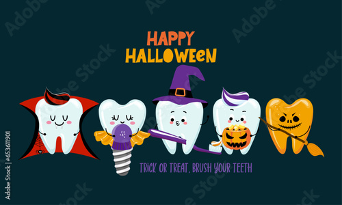 Trick or treat, brush your teeth - Tooth in witch costume with broom and witch hat. Happy Halloween illustration. Good for prints on t-shirt and bag, poster, card. Dental prevention for children.