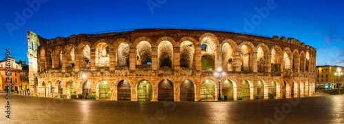 The Verona Arena, a Roman amphitheatre in Piazza Bra in Verona, Veneto, Italy during the blue hour twilight