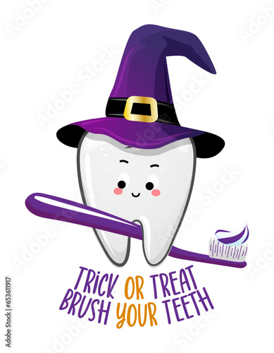 Trick or treat, brush your teeth - Tooth in witch costume with broom and witch hat. Happy Halloween illustration. Good for prints on t-shirt and bag, poster, card. Dental prevention for children.