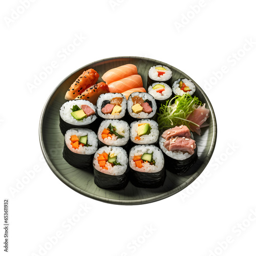 Korean gimbap is served beautifully for the menu, transparent background