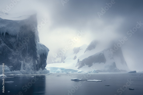 Icebergs And Snow Of Great Antarctica Landscape Created Using Artificial Intelligence