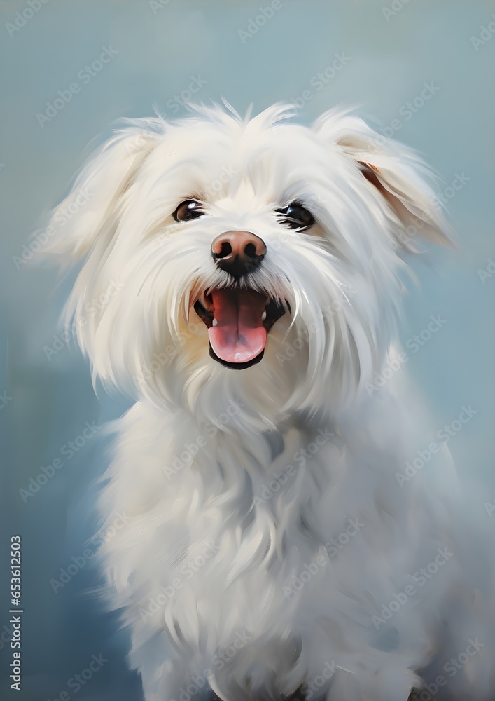 An oil painting of a Coton de Tulear dog, full body, showcasing their
