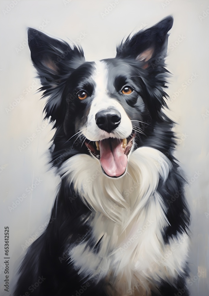 An elegant oil painting of a Border Collie dog, full body, pet portrait illustration