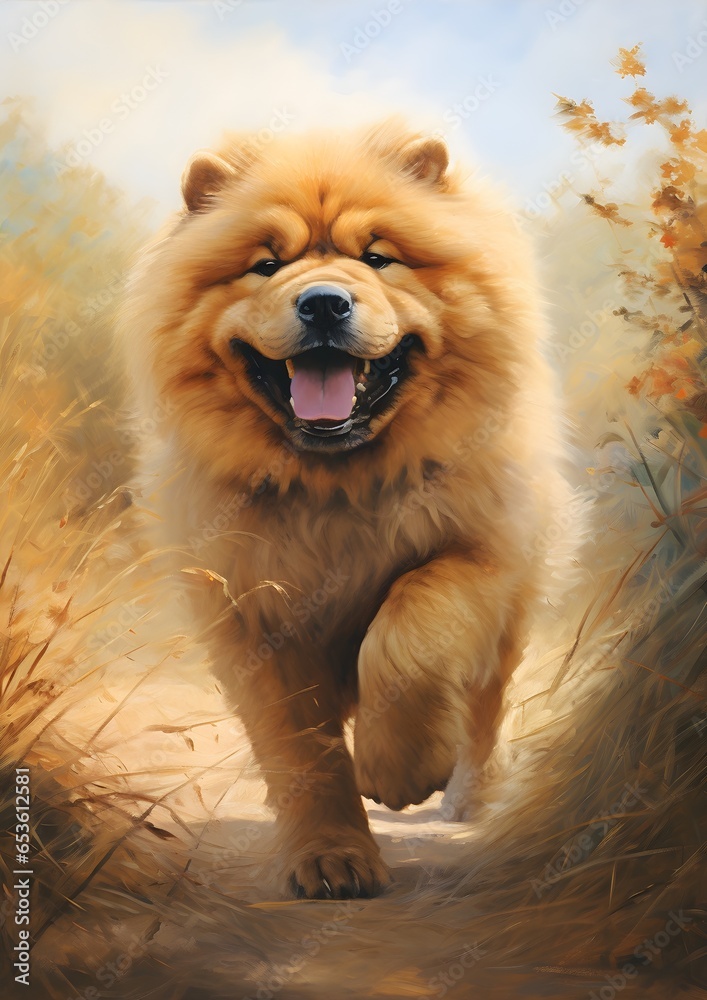 An oil painting of a chow chow dog, full body, Pet Portrait 
