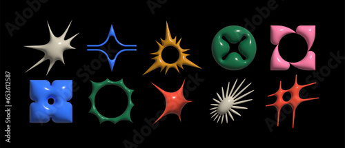 Set of geometric logos space explosion, dazzling flash. Modern bold brutalist objects and shapes of the sun and stars. Colorful minimalistic figures silhouettes. Contemporary design.
