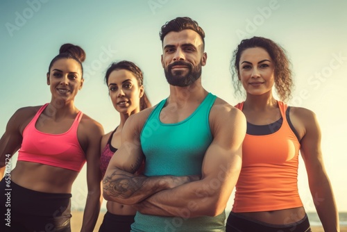 Fitness friends group. Active training. Generate Ai