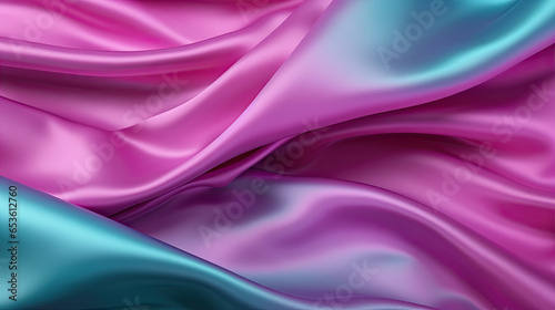 Pink tuquoise silk satin. Gradient. Wavy folds. Shiny fabric surface. Beautiful purple teal background with space for design. photo