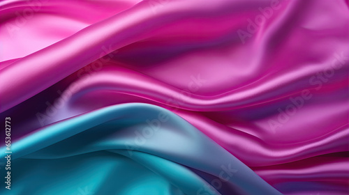 Pink tuquoise silk satin. Gradient. Wavy folds. Shiny fabric surface. Beautiful purple teal background with space for design.