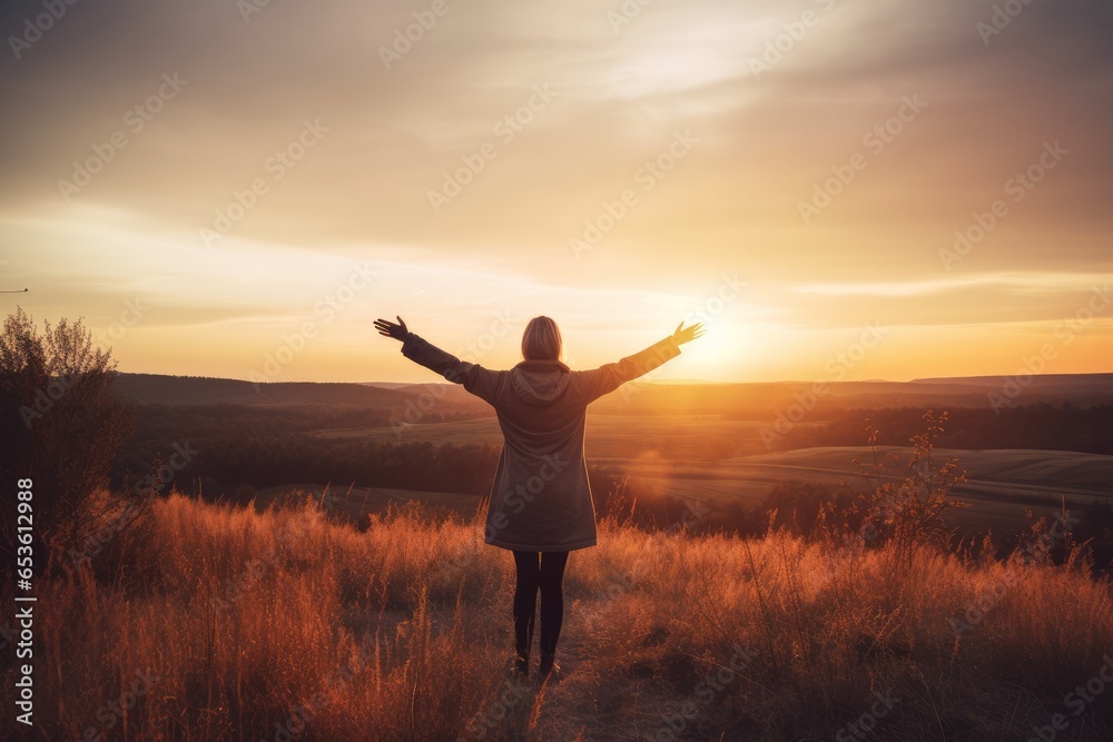 A person standing in a field with their arms outstretched A person standing in a field with their arms outstretched