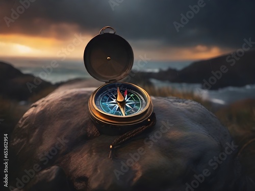 compass on rock digital art photography in sunset photo