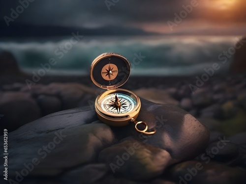 compass on rock digital art photography in sunset