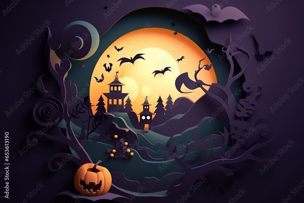 A spooky Halloween scene with pumpkins and bats