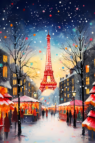 Illustration of the city of Paris at Christmas, France © Aleh Varanishcha