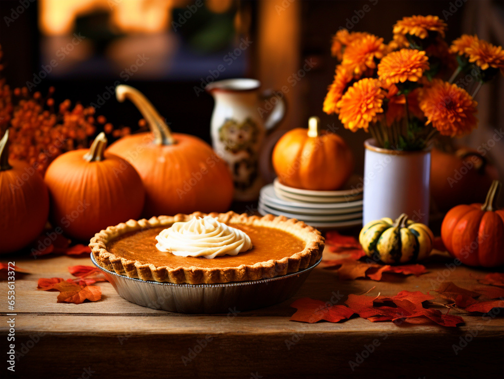 Happy Thanksgiving pumpkin pie background - ai generative