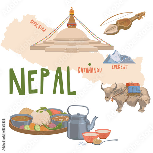 Map of Nepal with attractions. Traditional dishes, food products, Buddhist household items. Boudhanath, a yak with a load. Vector illustration for the design of travel brochures, tourist maps.