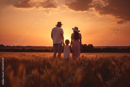 A family enjoying a beautiful sunset in a peaceful field