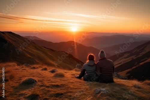Two people enjoying a beautiful sunset from a hilltop
