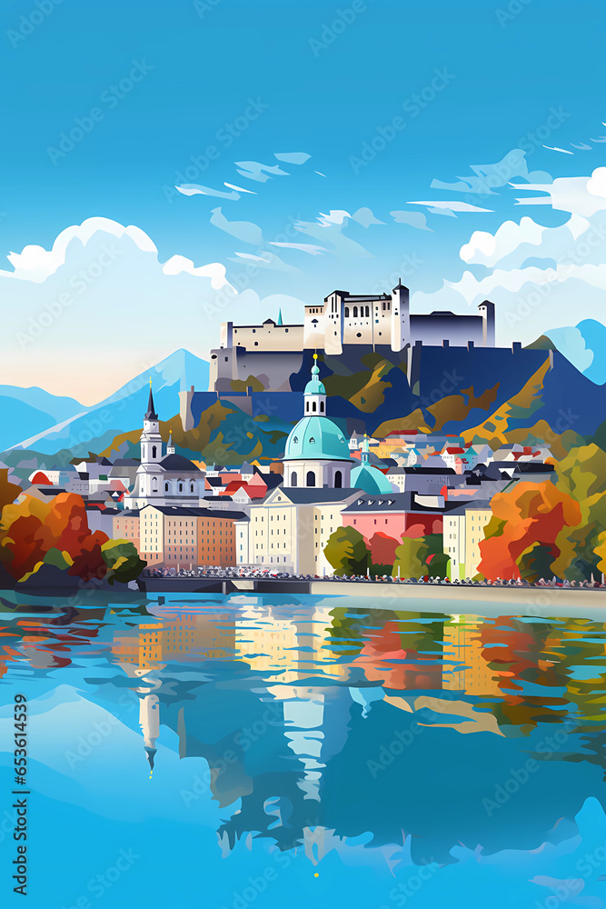 Fototapeta premium Illustration of beautiful view of Salzburg, Austria