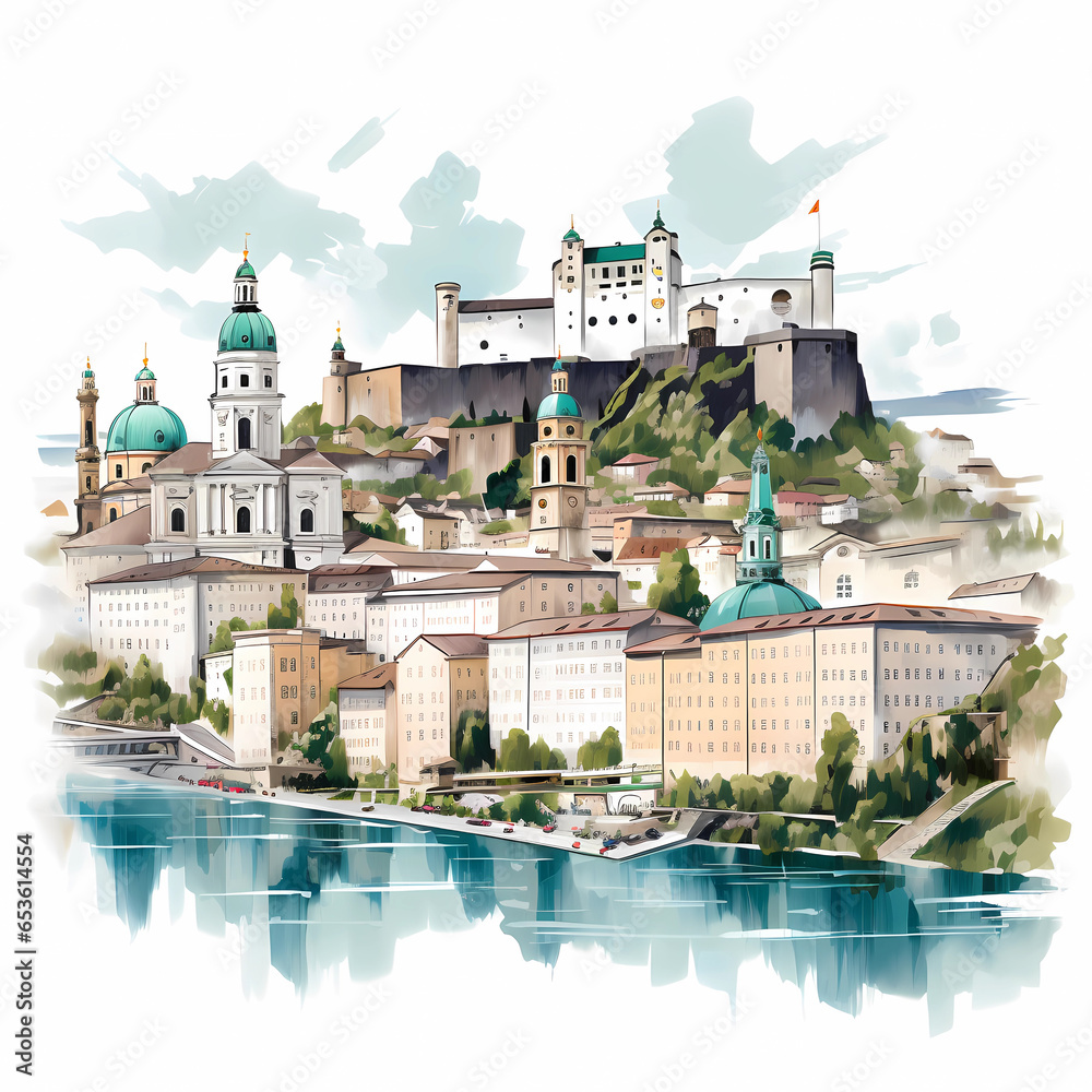 Fototapeta premium Illustration of beautiful view of Salzburg, Austria