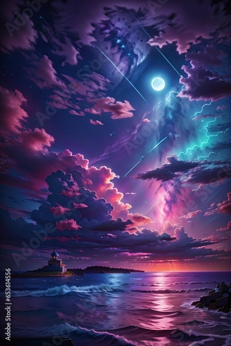 A Detailed Illustration Of Neon Light Art  In The Dark Of Night   Moonlit Seas  Clouds  Moon  Stars  Colorful Detailed.