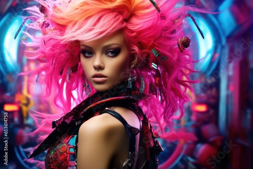 close up portrait of a fantasy girl in a style of multicolored cyber-punk, ai tools generated image