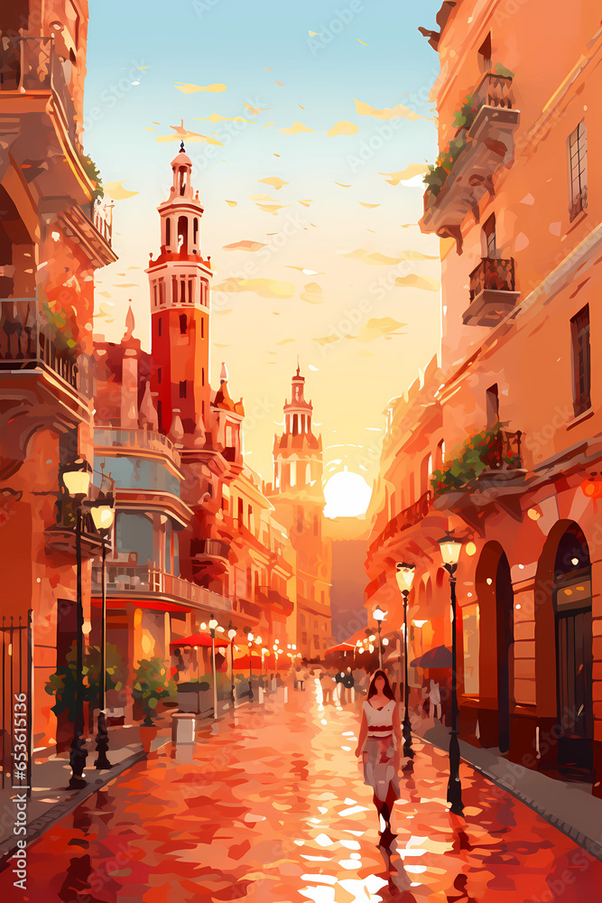 Illustration of beautiful view of the city of Sevilla, Spain