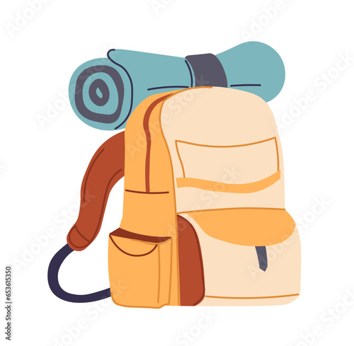 Bag with packed belongings and mat for camping
