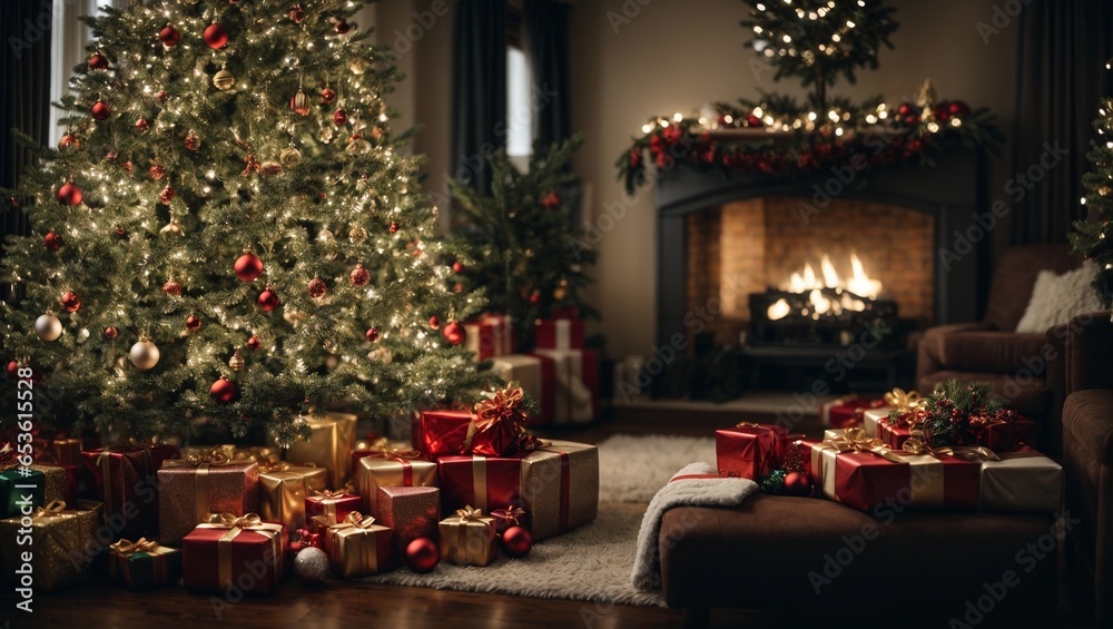 Christmas tree and gift in a warm room. Fireplace in background