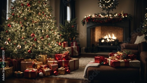 Christmas tree and gift in a warm room. Fireplace in background © Rottchoo