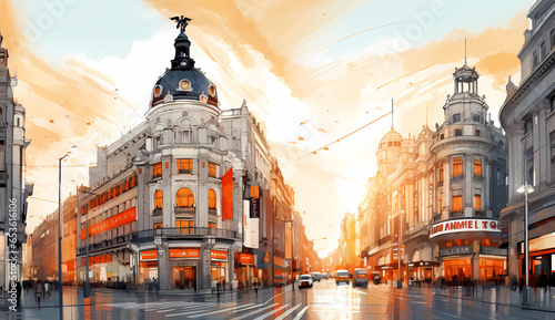 Illustration of beautiful view of the city of Madrid, Spain