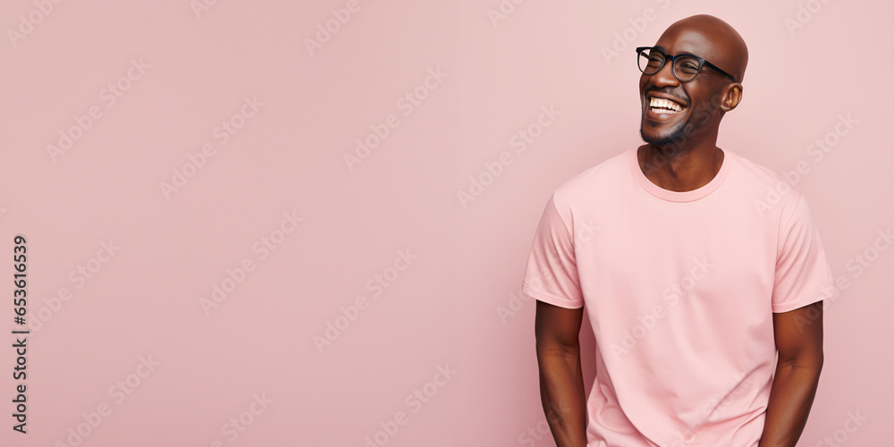 Handsome african american man wearing pink t-shirt and glasses. Isolated on pink background.