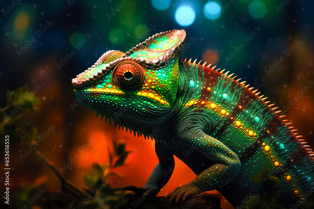 Fototapeta premium Colorful green panther chameleon lizard on a tree. Beautiful extreme close-up with cinematic bokeh, Psychedelic and vibrant animal artwork. Beautiful multicolor scales.