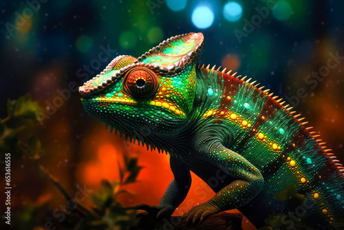 Colorful green panther chameleon lizard on a tree. Beautiful extreme close-up with cinematic bokeh, Psychedelic and vibrant animal artwork. Beautiful multicolor scales.