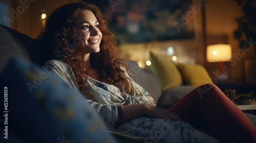 Beautiful Woman Relaxing On The Sofa While Enjoying Television Shows