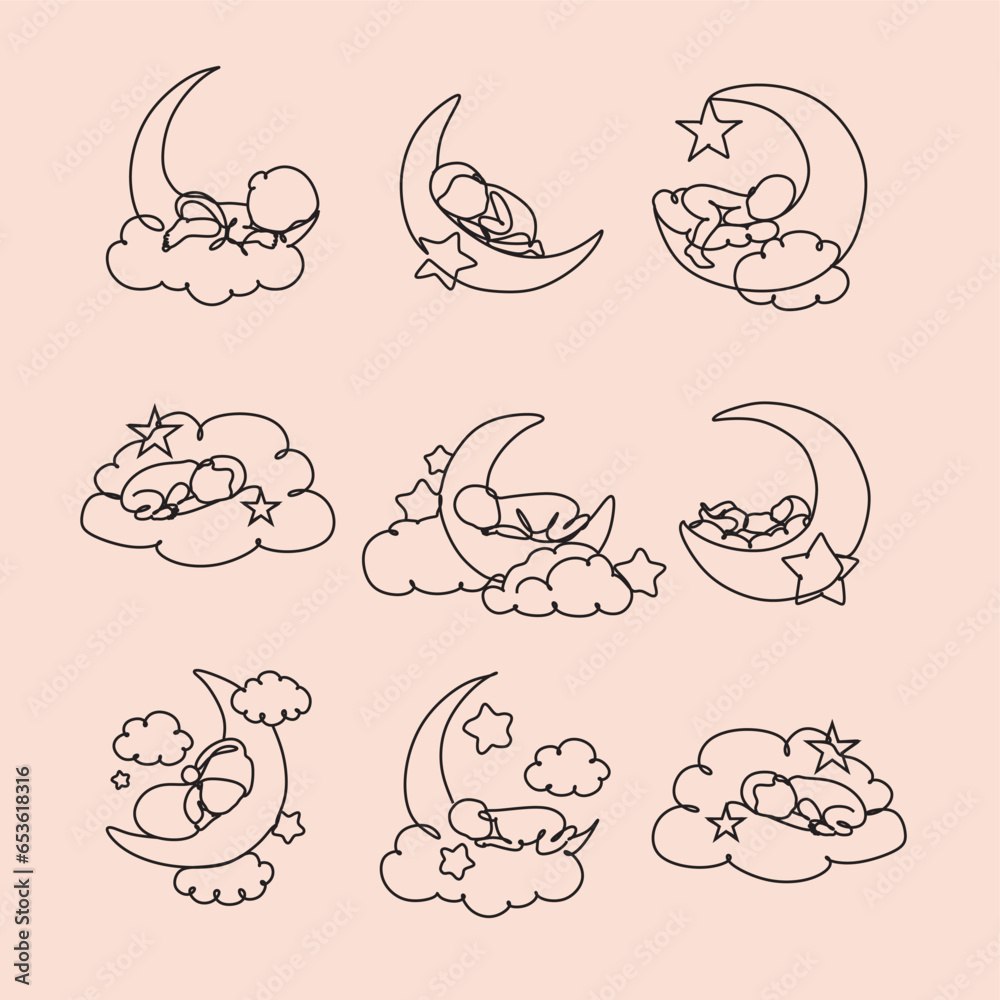 Set One line drawing. A newborn baby lies on the moon. Set One line drawing. A newborn baby lies on the moon.