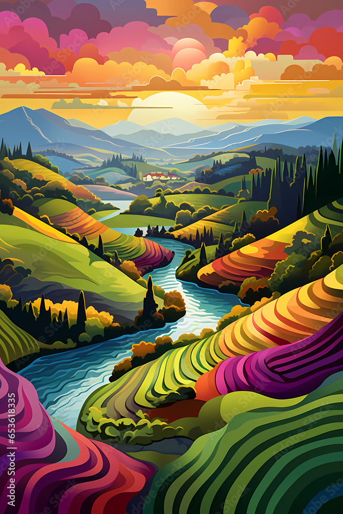 Illustration of a beautiful view of the vineyard terraces - obrazy, fototapety, plakaty 