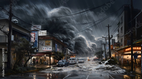 Apocalyptic view of the tsunami wave, flooding in the city during a storm