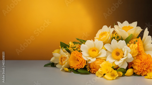 center of yellow and orange flowers on dark background. copy space on the left side of the image