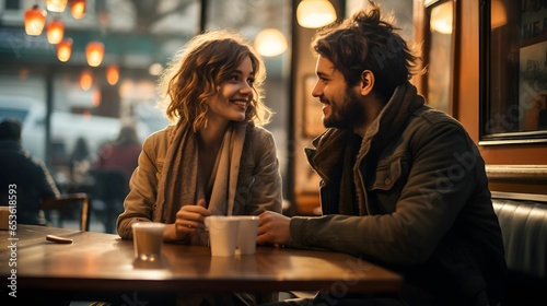 Couple in a coffee shop. Man and woman meeting at cafe. Generative Ai