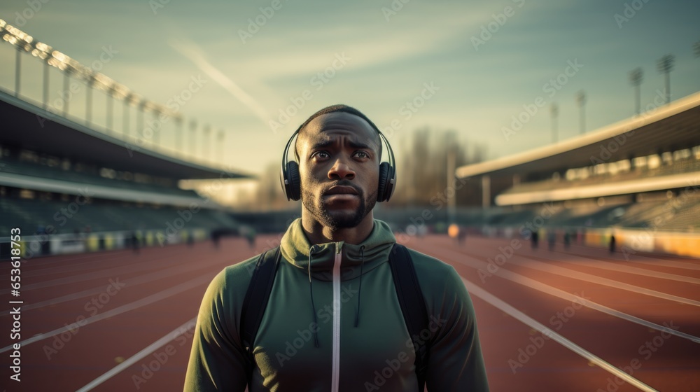 Obraz premium A photo of a 35-40 year old man wearing wireless headphones listening to music on an empty running track.