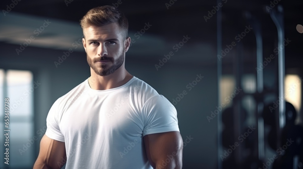 photo of a sporty man in a fitness room on a dark background