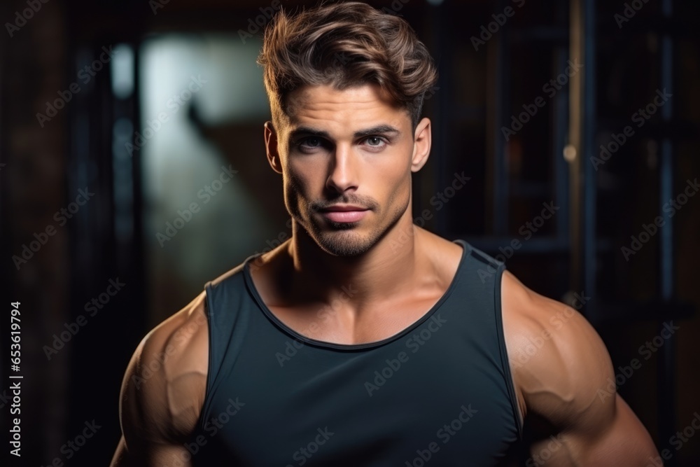 photo of a sporty man in a fitness room on a dark background