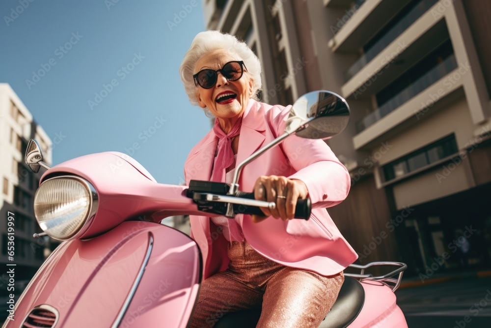 happy 65-75 year old woman in stylish clothes rides a scooter in the city.