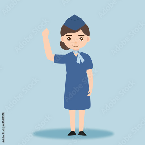 Stewardess. Woman hostess professional blue uniform of boarding airplane girl vector cartoon characters. Stewardess and hostess attendant illustration cartoon character