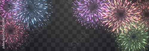 Vector festive fireworks isolated on png. New Year's Eve fireworks with brightly shining sparks. Realistic sparks and explosions. Colorful pyrotechnics show. Vector isolated on png background.