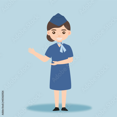 Stewardess. Woman hostess professional blue uniform of boarding airplane girl vector cartoon characters. Stewardess and hostess attendant illustration cartoon character
