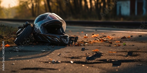 motorcycle helmet on the road, road accident concept. Generative AI photo