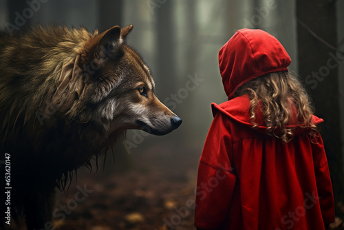 little red riding hood: little girl in a red cape with a wolf in the forest